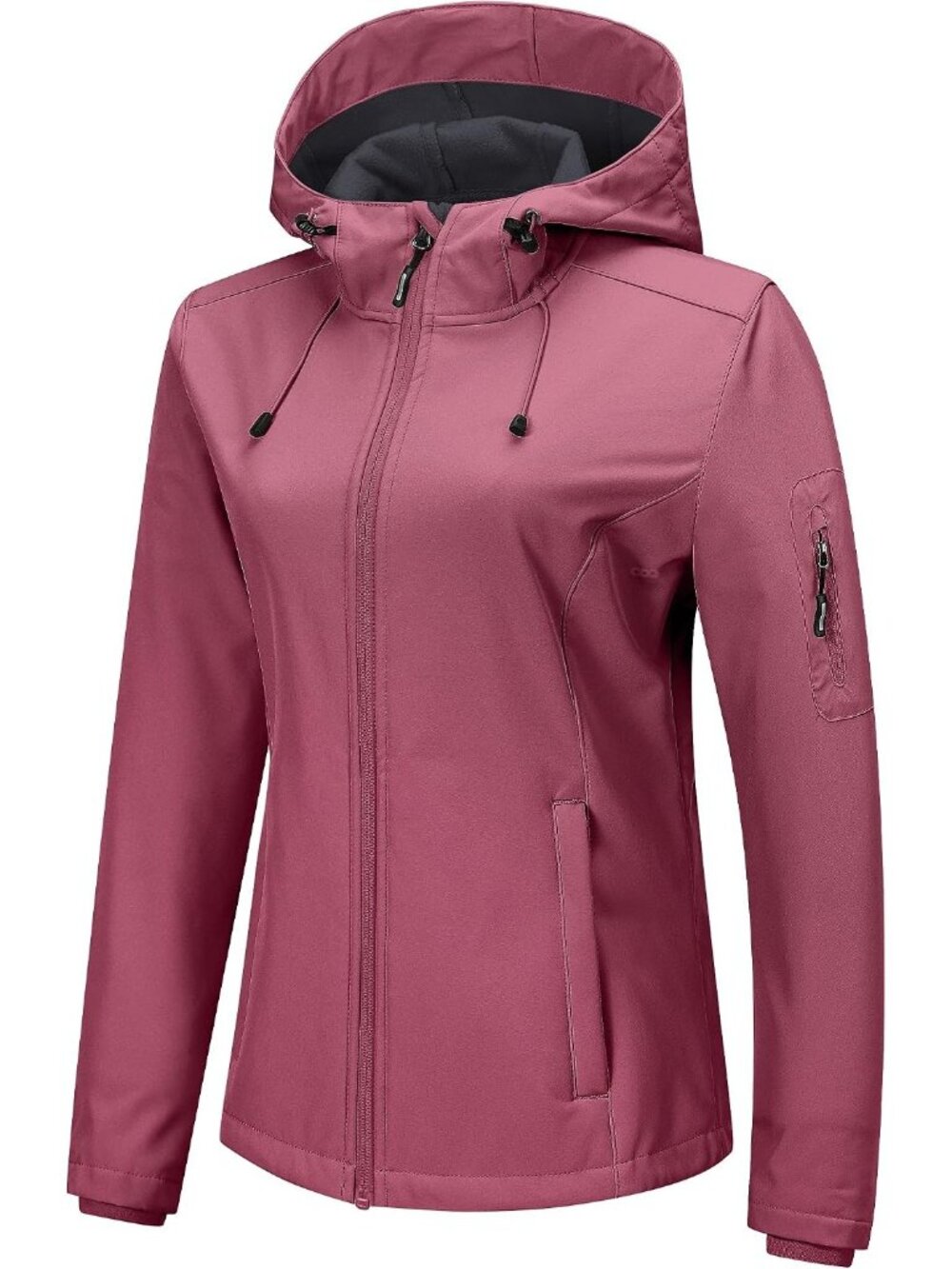Women's Rose Pink Hooded Softshell Fleece Lined Cuff Sleeve Waterproof Rain Coat
